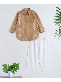 The Magic Wand - Cotton Woven Full Sleeves Foil Printed Kurta And Pathani- Mustard