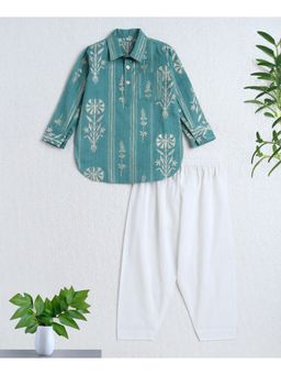The Magic Wand - Cotton Woven Full Sleeves Foil Printed Kurta And Pathani- Teal Blue