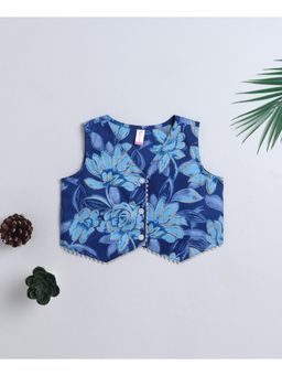 The Magic Wand - Cotton Woven Sleeveless Floral Printed Waist Coat Top-Blue