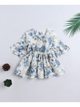 The Magic Wand - Cotton Woven Three Fourth Sleeves Floral Printed Top- White