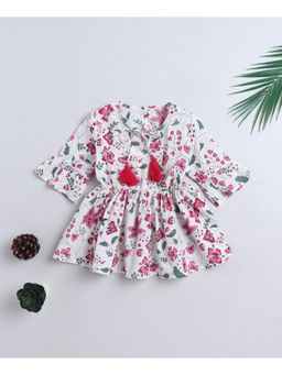 The Magic Wand - Cotton Woven Three Fourth Sleeves Floral Printed Top- White