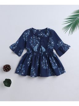 The Magic Wand - Cotton Woven Three Fourth Sleeves Floral Printed Top- Indigo Blue