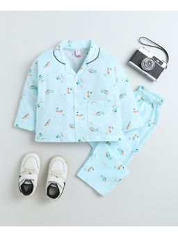 The Magic Wand - Cotton Woven Full Sleeves Helicopter Printed Night Suit-Blue