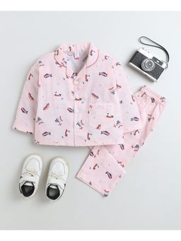 The Magic Wand - Cotton Woven Full Sleeves Helicopter Printed Night Suit-Peach