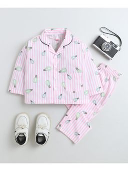 The Magic Wand - Cotton Woven Full Sleeves Striped Parachute Printed Night Suit-Pink