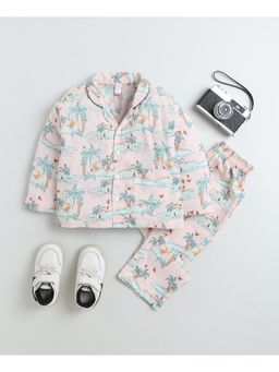 The Magic Wand - Rayon Woven Full Sleeves Trees Printed Night Suit-Peach