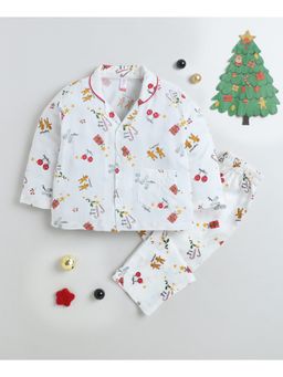 The Magic Wand - Christmas Rayon Full Sleeves Xmas Candy Cane Nightsuit-White