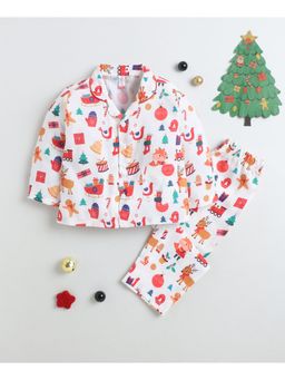 The Magic Wand - Christmas Theme Full Sleeves Xmas Tree Printed Night Suit-White