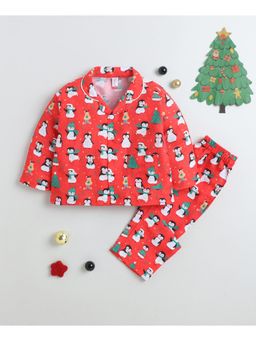 The Magic Wand - Christmas Theme Woven Full Sleeves Penguin Printed Night Suit-Red