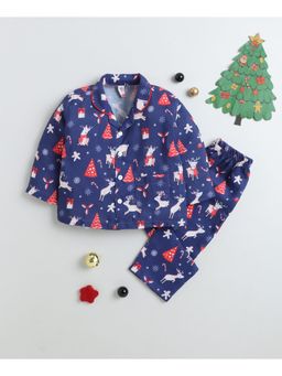 The Magic Wand - Christmas Theme Full Sleeves Xmas Tree Printed Night Suit-Navy Blue