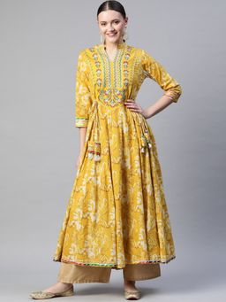 Readiprint - Cotton Yellow Printed Anarkali Kurta