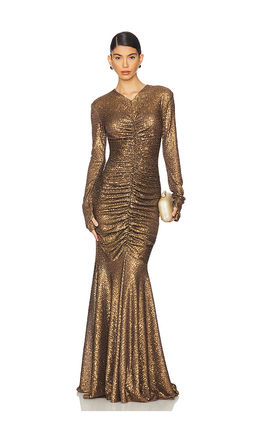 Norma Kamali - Long Sleeve V Neck Shirred Front Fishtail Gown