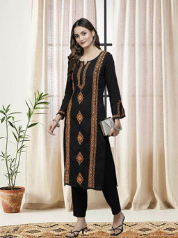 ADA - Hand Embroidered Black Rust Lucknowi Chikankari Pure Cotton Kurta