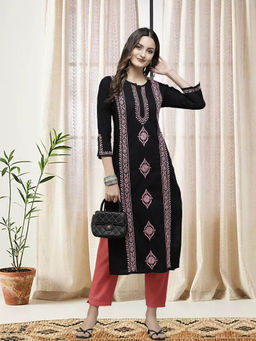 ADA - Hand Embroidered Black Pink Lucknowi Chikankari Pure Cotton Kurta