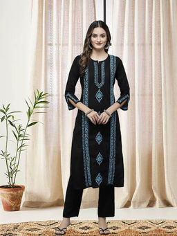 ADA - Hand Embroidered Black Blue Lucknowi Chikankari Pure Cotton Kurta