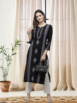 ADA - Hand Embroidered Black Mauve Lucknowi Chikankari Pure Cotton Kurta