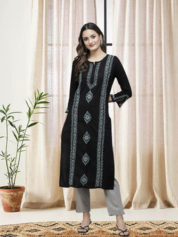 ADA - Hand Embroidered Black Grey Lucknowi Chikankari Pure Cotton Kurta