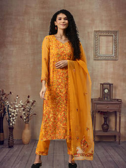 ADA - Hand Embroidered Mustard Georgette Lucknowi Chikan Unstitched Dress Material (Set of 3)[A211172]