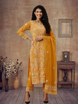 ADA - Hand Embroidered Mustard Georgette Lucknowi Chikan Unstitched Suit Piece (Set of 3) [A211173]