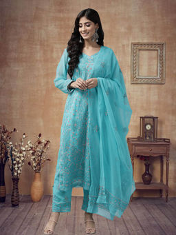 ADA - Hand Embroidered Teal Blue Georgette Lucknowi Chikankari dress Material [A211185]