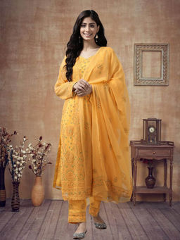 ADA - Hand Embroidered Mustard Georgette Lucknowi Chikankari Dress Material [A211181]