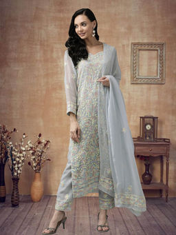 ADA - Hand Embroidered Grey Georgette Lucknowi Chikankari Dress Material [A211197]