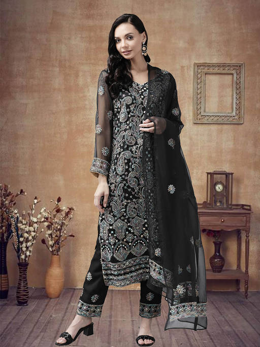 Buy Ada Hand Embroidered Black Georgette Lucknowi Chikankari Dress Material [A211196] Online