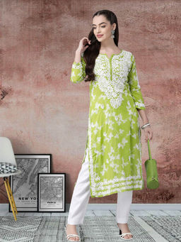ADA - Hand Embroidered Green Cotton Lucknowi Chikankari Kurta [A411267]