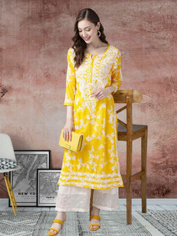 ADA - Hand Embroidered Yellow Cotton Lucknowi Chikankari Kurta [A411268]