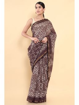 Soch - Women Brown Cotton Printed Saree with Unstitched Blouse