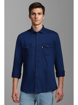 Louis Philippe - Men Navy Blue Slim Fit Solid Full Sleeves Casual Shirt