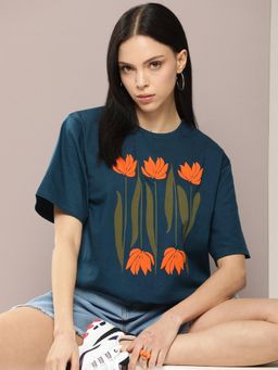 DILLINGER - Women Floral Printed Embossed Oversized T-Shirt