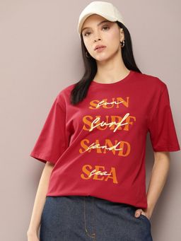 DILLINGER - Women Typography Printed Embossed Oversized T-Shirt