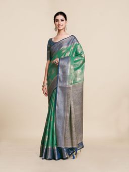 Mimosa - Women Traditional Ussi Kanjivaram Art Silk Green Saree with Unstitched Blouse