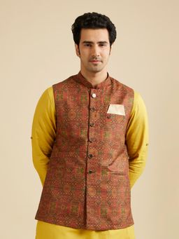 Manyavar - Rust Blended Viscose Digital Print Jacket for Men