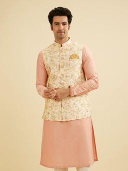 Manyavar - Peach Art Silk Print with Zari & Embroidery Jacket for Men