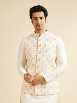 Manyavar - Cream Art Silk Digital Print Jacket for Men