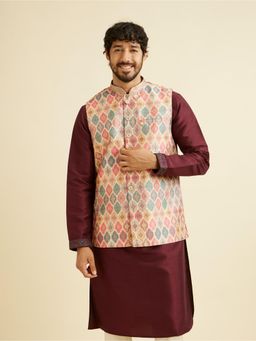 Manyavar - Beige Art Silk Printed Jacket for Men