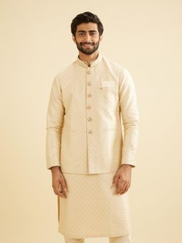 Manyavar - Beige Art Silk Jacquard and Self Design Jacket for Men