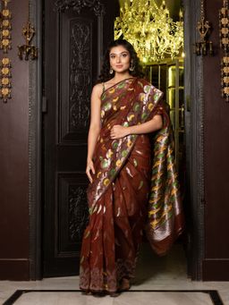 CHARUKRITI - Brown Silk Cotton Handwoven Jamdani Saree