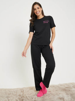 Styli - Women Cotton Slogan Print T-Shirt with Pyjama (Set of 2)