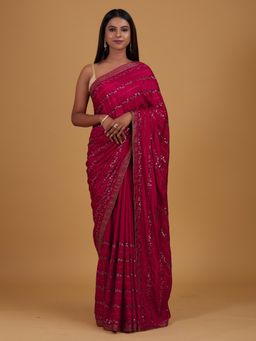 Koskii - Rani Pink Swarovski Semi Crepe Designer Saree with Unstitched Blouse