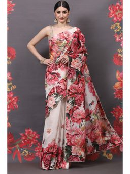 Biba - Rohit Bal Off White Printed Silk Chanderi Saree with Unstitched Blouse