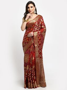 KISHORI - Women Bandhani With Zari Weaving Silk Saree & Blouse Maroon with Unstitched