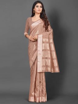 Akhilam - Women Linen Beige Woven Design Celebrity Saree with Unstitched Blouse