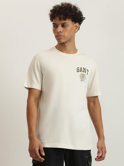 GANT - Men Cream Solid Round Neck Short Sleeves T-Shirt