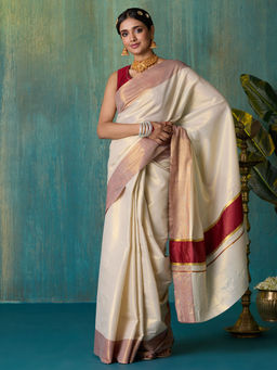 Likha - Off-White Maroon Onam Kasavu Cotton Zari Saree with Running Blouse LIKSAR124 (Free Size)