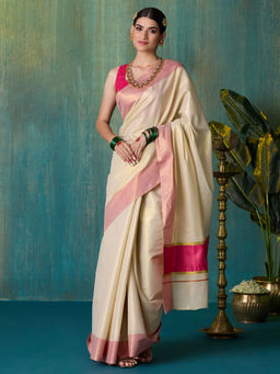 Likha - Off-White Pink Onam Kasavu Cotton Zari Saree with Running Blouse LIKSAR124 (Free Size)