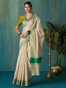 Likha - Off-White Green Onam Kasavu Cotton Zari Saree with Running Blouse LIKSAR124 (Free Size)