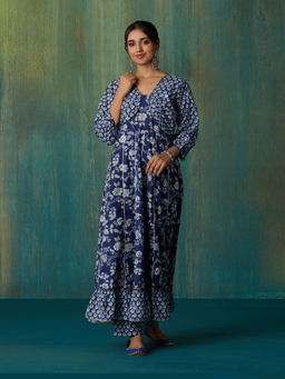 Likha - Navy Blue Jaipuri Printed Anarkali Kurta Jacket and Pant LIKSKD255 (Set of 3)